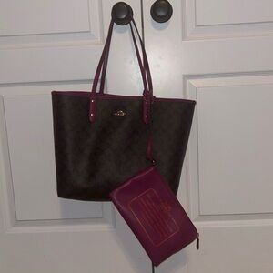 Maroon and brown reversible COACH bag with hand wallet